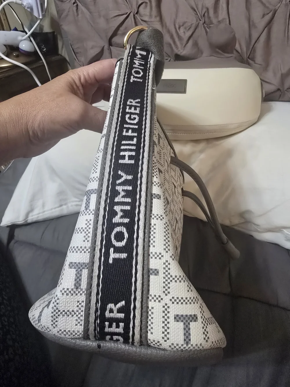 Tommy Hilfiger White & Gray Monogram Drawstring Tote
